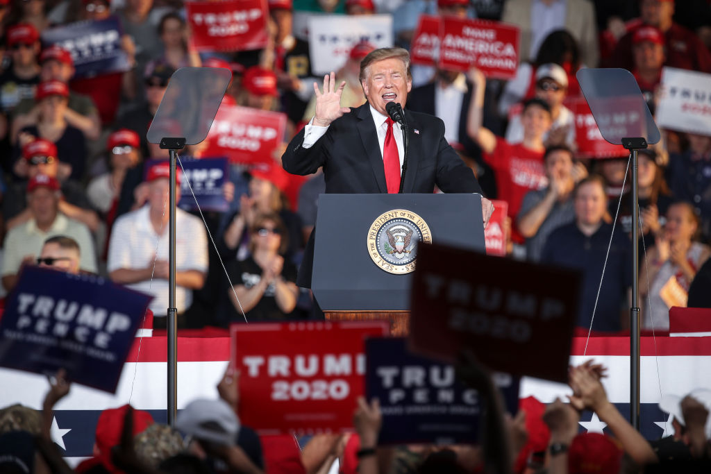  MONTOURSVILLE, PA - MAY 20: U.S. President Donald Trump speaks during a 'Make America Great Again' campaign rally at Williamsport Regional Airport, May 20, 2019 in Montoursville, Pennsylvania. Trump is making a trip to the swing state to drum up Republican support on the eve of a special election in Pennsylvania's 12th congressional district, with Republican Fred Keller facing off against Democrat Marc Friedenberg. (Photo by Drew Angerer/Getty Images)