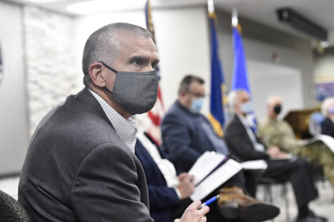 U.S. Rep. Matt Rosendale listens during a roundtable discussion with veterans and other community members on Wednesday, April 7, 2021 at Fort Harrison in Helena, Mont. (Thom Bridge/Independent Record via AP)