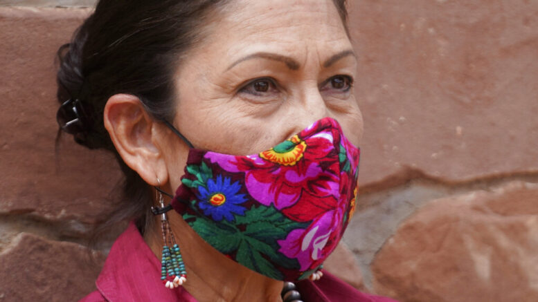 U.S. Interior Secretary Deb Haaland looks on during a news conference following a visit to Bears Ears National Monument Thursday, April 8, 2021, in Blanding, Utah. (AP Photo/Rick Bowmer)