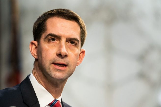 Senator Tom Cotton (R-AR) speaks as Judge Merrick Garland testifies before a Senate Judiciary Committee hearing on his nomination to be US Attorney General on Capitol Hill in Washington, DC on February 22, 2021. (Photo by Demetrius Freeman / POOL / AFP) (Photo by DEMETRIUS FREEMAN/POOL/AFP via Getty Images)