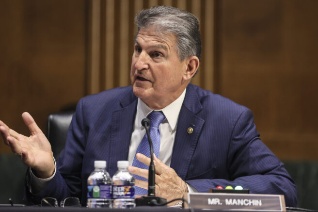 Sen. Joe Manchin, D-WV., speaks during a Senate Appropriations Committee hearing to examine the American Jobs Plan, focusing on infrastructure, climate change, and investing in our nation's future on Tuesday, April 20, 2021 on Capitol Hill in Washington. (Oliver Contreras/The Washington Post via AP, Pool)
