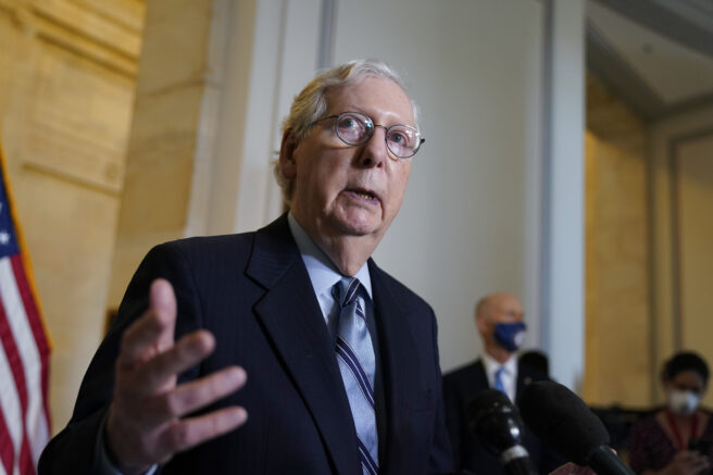 Senate Minority Leader Mitch McConnell, R-Ky., talks about the push by some Democrats to try to add seats to the Supreme Court, after a GOP policy luncheon, on Capitol Hill in Washington, Tuesday, April 20, 2021. (AP Photo/J. Scott Applewhite)