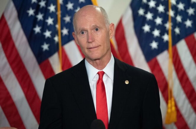 US Senator Rick Scott, Republican of Florida, speaks to the media before the weekly Senate Republican lunch on Capitol Hill in Washington, DC, November 10, 2020. - A week after losing the US election, President Donald Trump remained shut up in the White House on November 10, 2020, pushing an alternate reality that he is about to win and blocking Democrat Joe Biden's ability to prepare the transition. (Photo by SAUL LOEB / AFP) (Photo by SAUL LOEB/AFP via Getty Images)