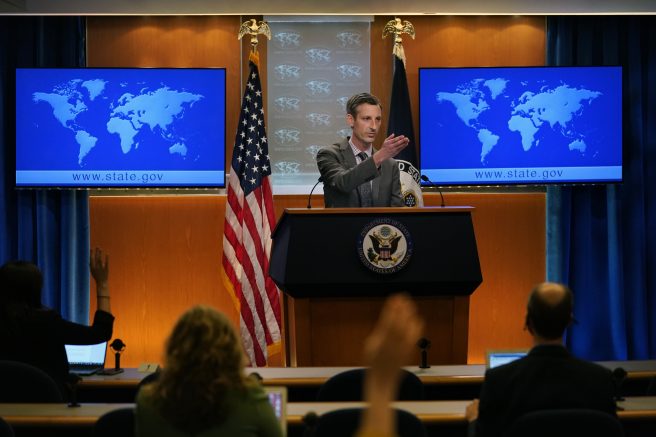 State Department spokesman Ned Price takes questions from reporters at the State Department in Washington, Wednesday, March 31, 2021. (AP Photo/Carolyn Kaster, Pool)