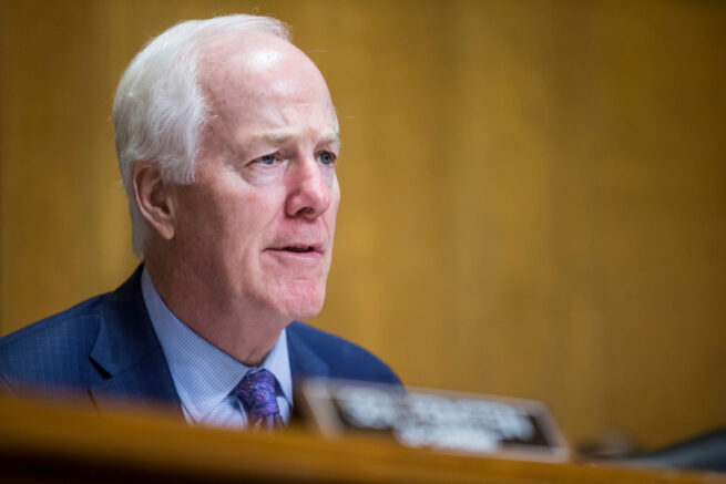 WASHINGTON, DC - JUNE 11: Senate Caucus on International Narcotics Control Chairman Sen. John Cornyn (R-TX) questions U.S. Secretary of State Mike Pompeo during a Senate Caucus on International Narcotics Control hearing on June 11, 2019 in Washington, DC. The hearing examined the federal government's role in combating transnational criminal organizations and partnering with law enforcement on a national, state, and local level. (Photo by Zach Gibson/Getty Images)