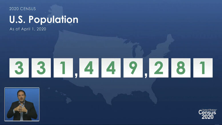 In this image from video provided by the U.S. Census Bureau, acting director of the U.S. Census Bureau Ron Jarmin speaks as a graphic showing the U.S. population as of April 1, 2020, is displayed during a virtual news conference Monday, April 26, 2021. The Census Bureau is releasing the first data from its 2020 headcount. (U.S. Census Bureau via AP)