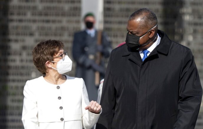 Annegret Kramp-Karrenbauer, Federal Minister of Defence, receives US Secretary of Defence Lloyd Austin at the Federal Ministry of Defence in Berlin, Germany, Tuesday, April 13, 2021. This is the first visit to Germany by a minister of the new US administration. Austin will then travel on to Stuttgart, where he will talk to soldiers at the US 