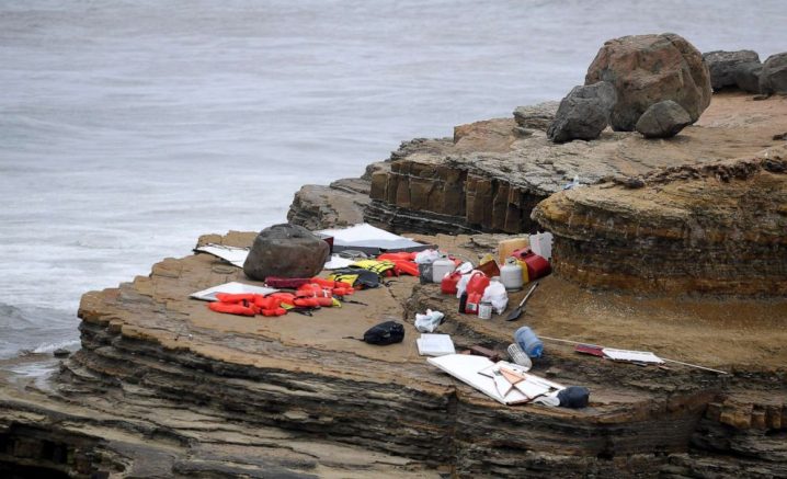 Wreckage and debris from a capsized boat washes ashore at Cabrillo National Monument near where a boat capsized just off the San Diego coast Sunday, May 2, 2021, in San Diego. (AP Photo/Denis Poroy)