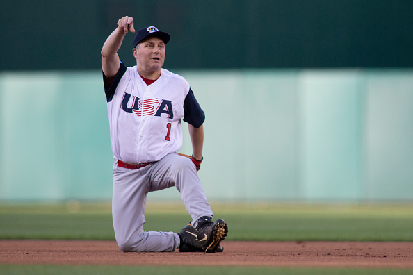 WASHINGTON, DC - JUNE 14: Rep Steve Scalise (R-LA) makes a play to first base resulting in an out after fielding a ground ball on the first pitch of the Congressional Baseball Game on June 14, 2018 in Washington, DC. Scalise was shot during a team practice before last years game. This is the 57th annual game between the Republicans and Democrats. (Photo by Alex Edelman/Getty Images)