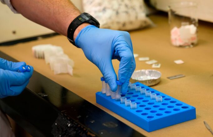  A Drug Enforcement Administration (DEA) chemist checks confiscated powder containing fentanyl at the DEA Northeast Regional Laboratory on October 8, 2019 in New York. - According to US government data, about 32,000 Americans died from opioid overdoses in 2018. That accounts for 46 percent of all fatal overdoses. Fentanyl, a powerful painkiller approved by the US Food and Drug Administration for a range of conditions, has been central to the American opioid crisis which began in the late 1990s. (Photo by Don EMMERT / AFP) (Photo by DON EMMERT/AFP via Getty Images)