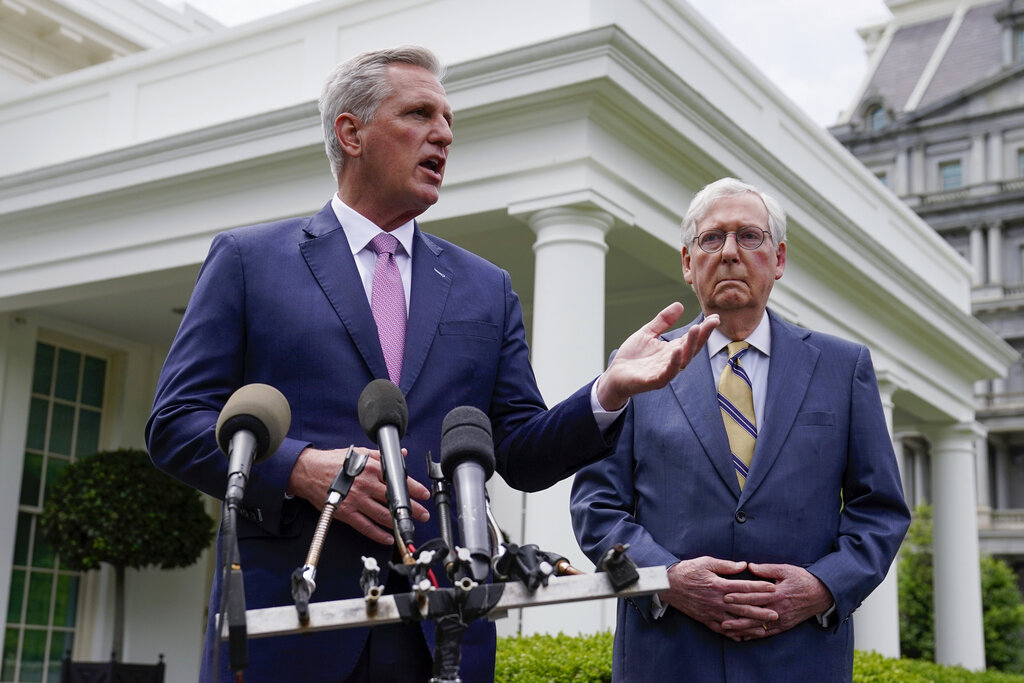 Senate Minority Leader Mitch McConnell of Ky., and House Minority Leader Kevin McCarthy of Calif., speak to reporters outside the White House after a meeting with President Joe Biden, Wednesday, May 12, 2021, in Washington. (AP Photo/Evan Vucci)