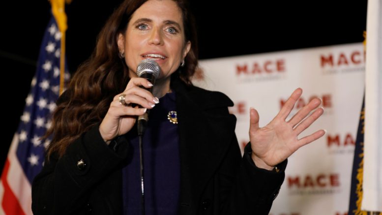 Republican Nancy Mace talks to supporters during her election night party Tuesday, Nov. 3, 2020, in Mount Pleasant, S.C. Mace is running in South Carolina's 1st Congressional District. (AP Photo/Mic Smith)