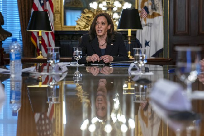 Vice President Kamala Harris speaks at the start of a meeting with bipartisan members of Congress about high-speed internet in the Vice President's Ceremonial Office at the Eisenhower Executive Office Building on the White House complex in Washington, Wednesday, May 26, 2021. (AP Photo/Carolyn Kaster)