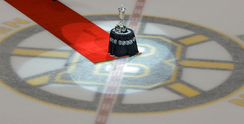 FILE PHOTO: The Prince of Wales trophy is seen at center ice following the Boston Bruins win over the Tampa Bay Lightning in Game 7 of their NHL Eastern Conference Finals hockey series in Boston