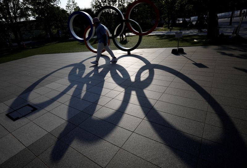 FILE PHOTO: Olympic Rings monument outside the Japan Olympic Committee (JOC) headquarters in Tokyo