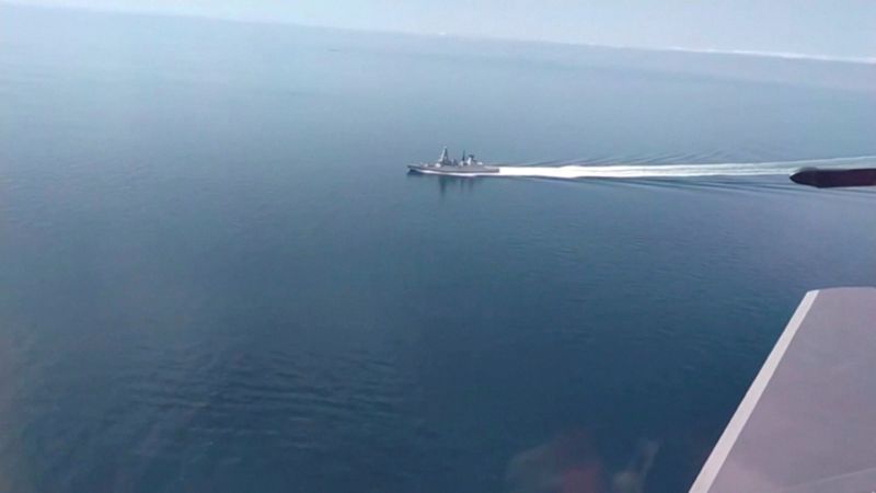 A still image taken from a video released by Russia's Defence Ministry allegedly shows British Royal Navy's Type 45 destroyer HMS Defender in the Black Sea