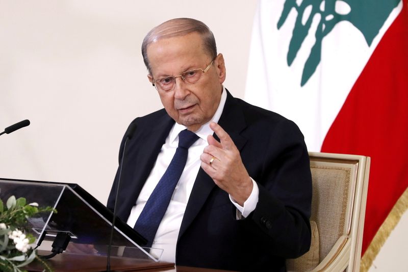 FILE PHOTO: Lebanon's President Michel Aoun speaks during a news conference at the presidential palace in Baabda