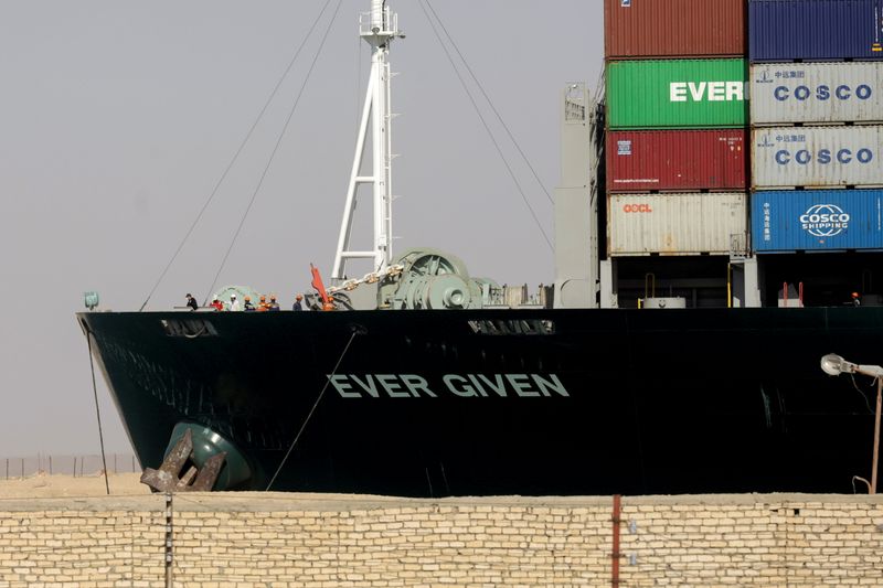 FILE PHOTO: Ship Ever Given, one of the world's largest container ships, is seen after it was fully floated in Suez Canal