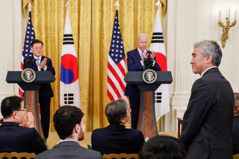 U.S. President Biden and South Korea's President Moon Jae-in hold a joint news conference, in Washington