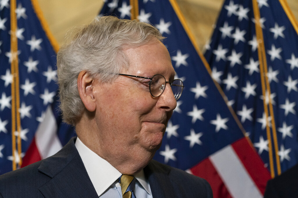 Senate Minority Leader Mitch McConnell of Ky., departs after speaking with reporters after a Republican caucus luncheon on Capitol Hill, Tuesday, June 8, 2021, in Washington. (AP Photo/Alex Brandon)