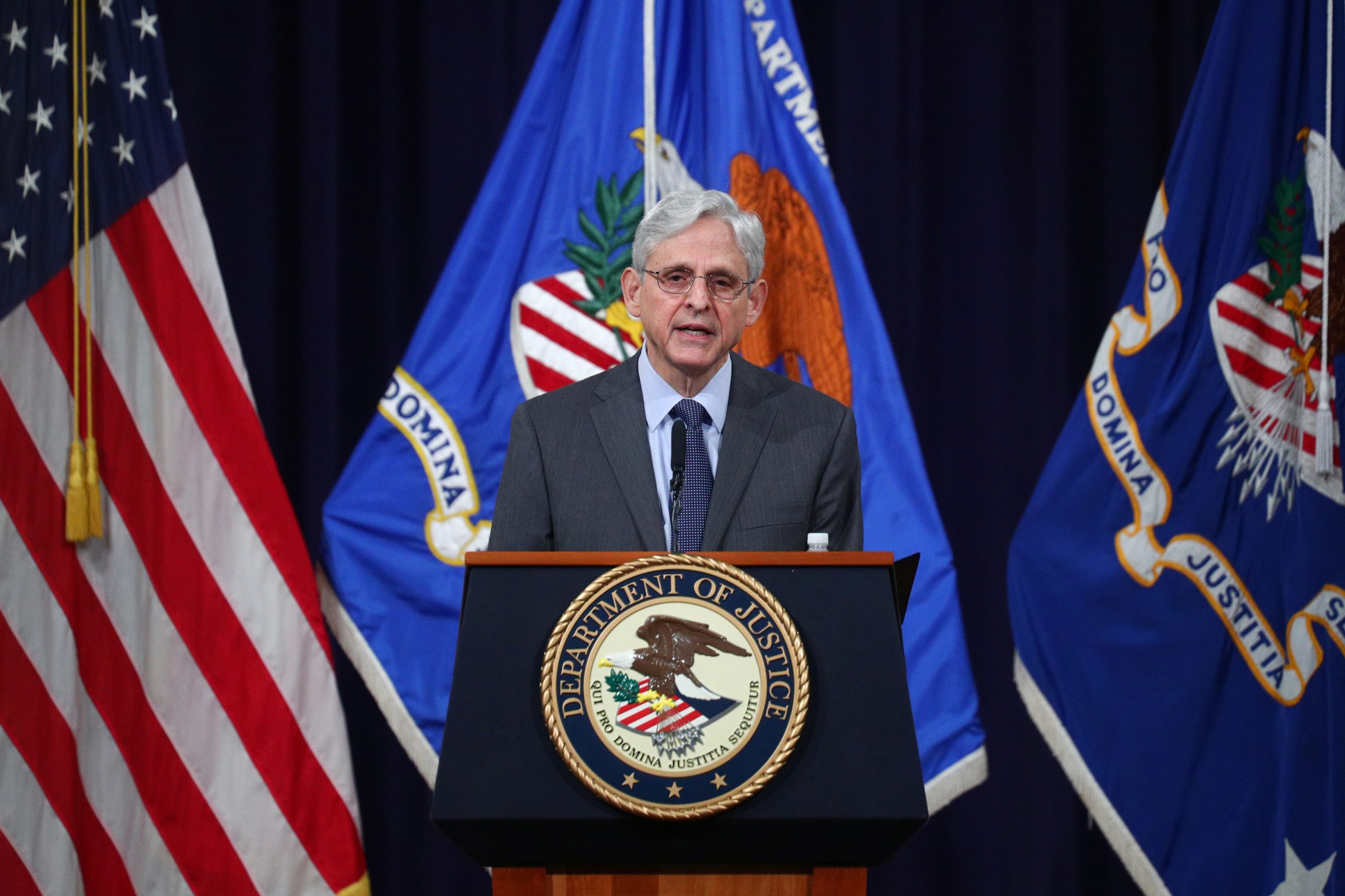 U.S. Attorney General Merrick Garland delivers remarks on voting rights at the U.S. Department of Justice in Washington