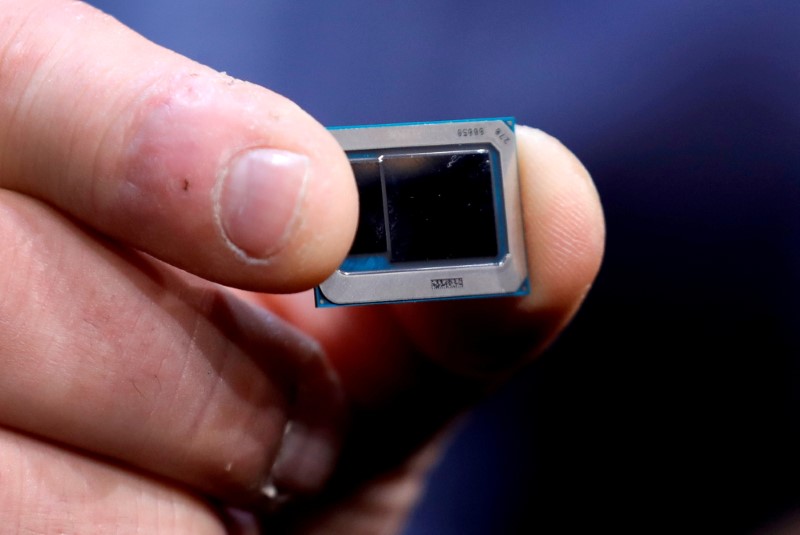 FILE PHOTO: FILE PHOTO: An Intel Tiger Lake chip is displayed at an Intel news conference during the 2020 CES in Las Vegas