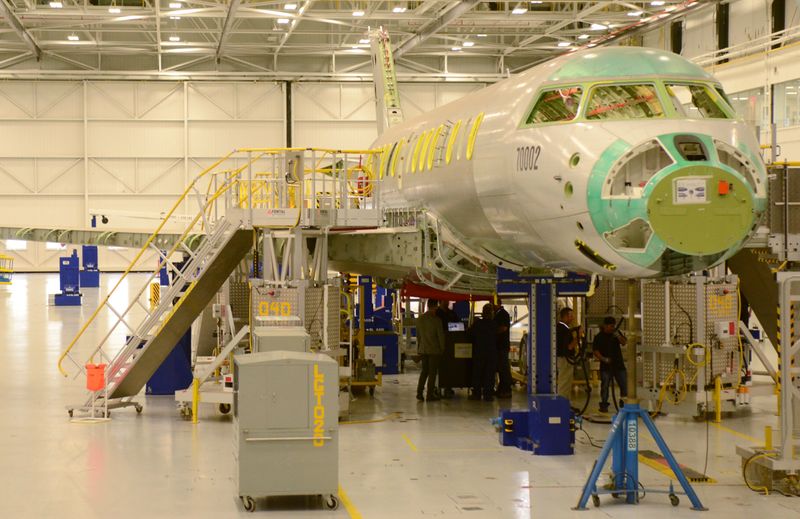 FILE PHOTO: Bombardier Inc's Global 7000 business jet flight test vehicle is shown on the floor of the company's assembly line in Toronto