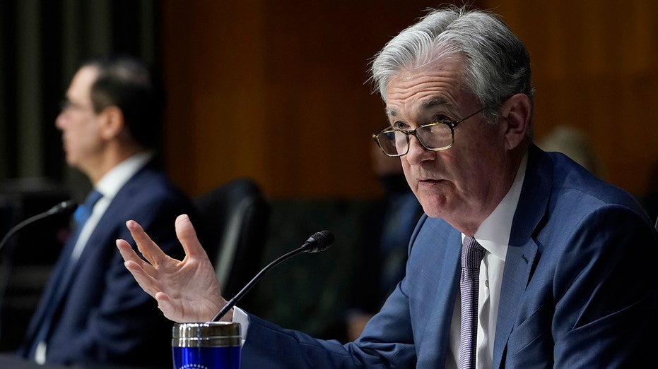 Federal Reserve Chairman Jerome Powell testifies before the Senate Banking Committee on Capitol Hill in Washington.