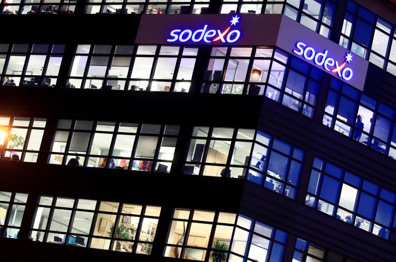 FILE PHOTO: The logo of French food services and facilities management group Sodexo is seen at the company headquarters in Issy-les-Moulineaux near Paris