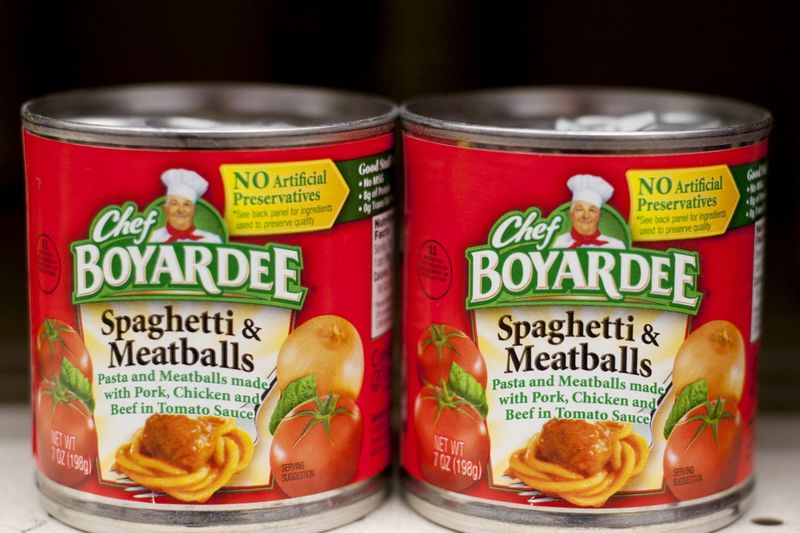 FILE PHOTO: Cans of Chef Boyardee, a product of ConAgra Foods are seen on the shelf of a grocery store in the Brooklyn borough of New York