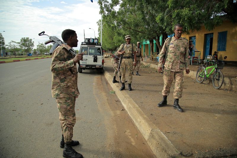 FILE PHOTO: Members of Amhara Special Forces stand guard along a street in Humera town