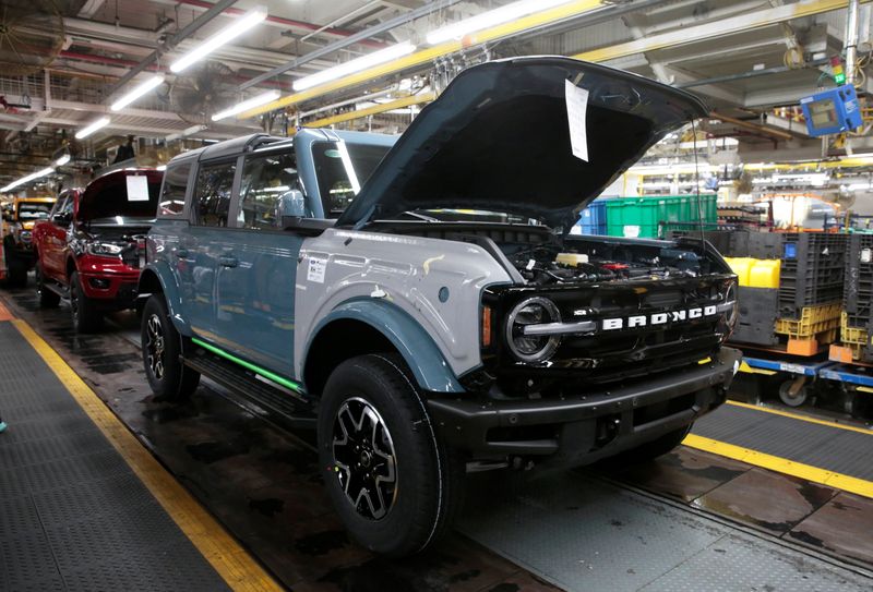 The Ford 2021 Bronco SUV is seen on the assembly line at Michigan Assembly Plant