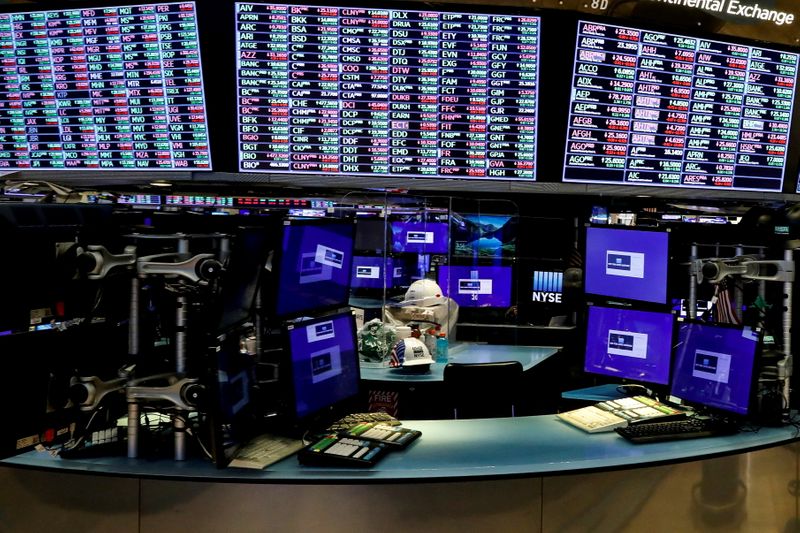 FILE PHOTO: Dividers are seen inside a trading post on the trading floor as preparations are made for the return to trading at the NYSE