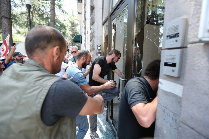 Protesters storm the office of LGBT+ campaigners ahead of the planned March for Dignity during Pride Week in Tbilisi
