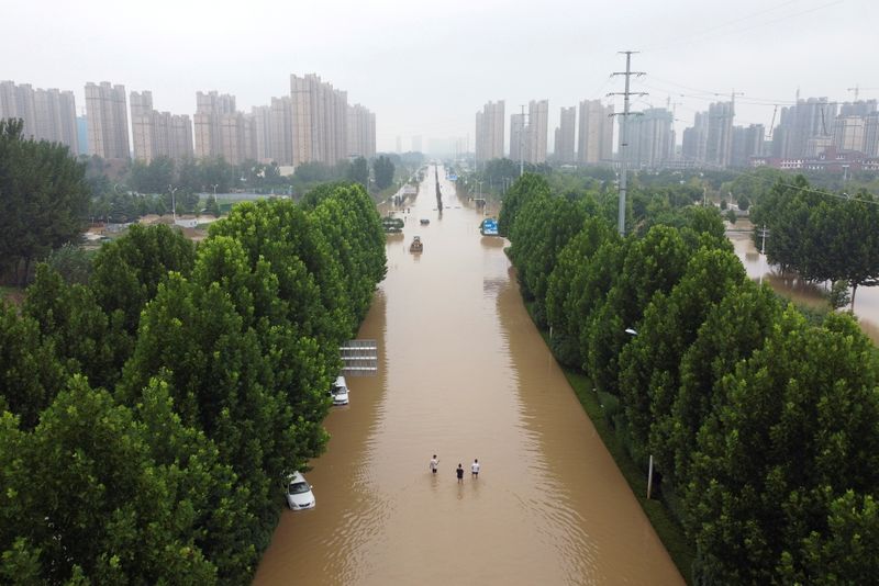 FILE PHOTO: Aerial view shows a flooded road following heavy rainfall in Zhengzhou