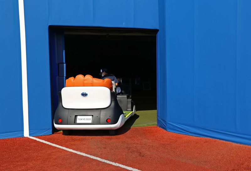 The bullpen cart is driven into the bullpen at Yokohama Baseball Stadium during the Tokyo 2020 Olympic Games