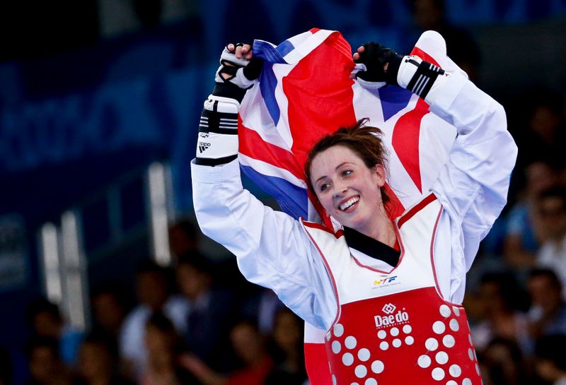 Jones of Britain reacts after winning her women's 57Kg taekwondo gold medal fight against Zaninovic of Croatia at the 1st European Games in Baku