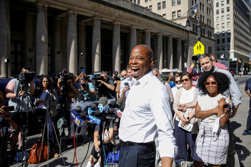 FILE PHOTO: Eric Adams speaks during a news conference outside Brooklyn borough hall in Brooklyn, New York