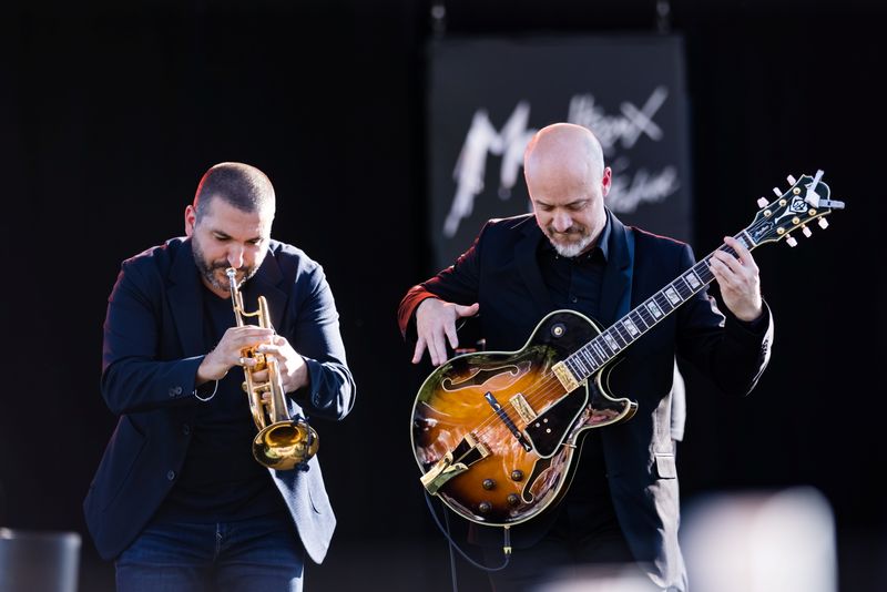 French-Lebanese trumpeter Maalouf and Belgian guitar player Delporte perform during the 55th Montreux Jazz Festival in Montreux