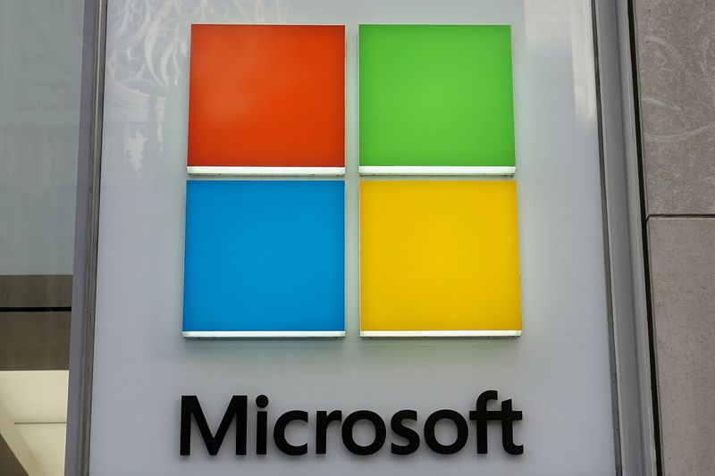 A Microsoft logo is pictured on a store in New York