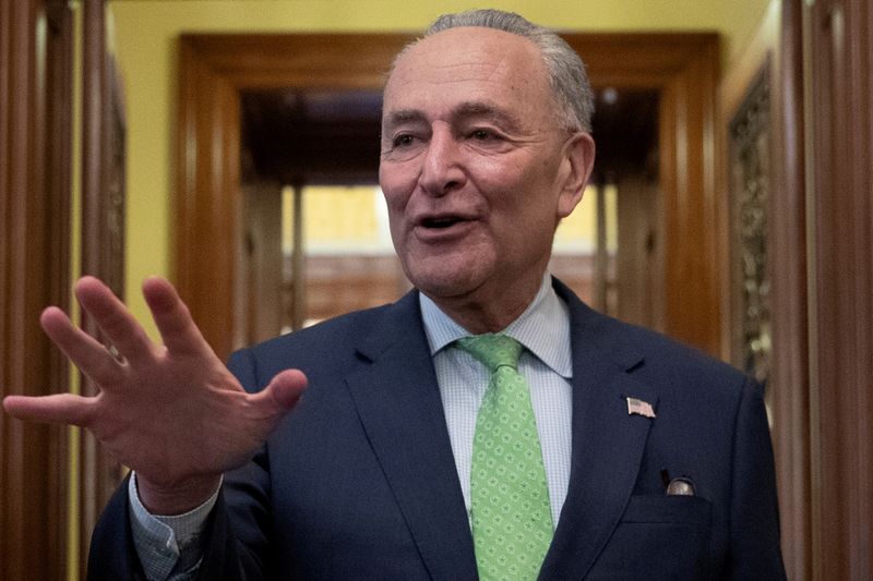 FILE PHOTO: Senate Majority Leader Schumer speaks to news reporters following a deal on infrastructure on Capitol Hill in Washington