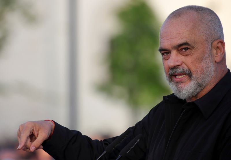 Albanian PM and leader of the Socialist Party Edi Rama celebrates party's election victory, in Tirana