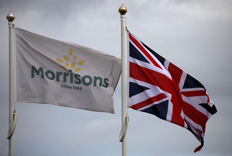 FILE PHOTO: Flags fly outside a Morrisons supermarket in New Brighton