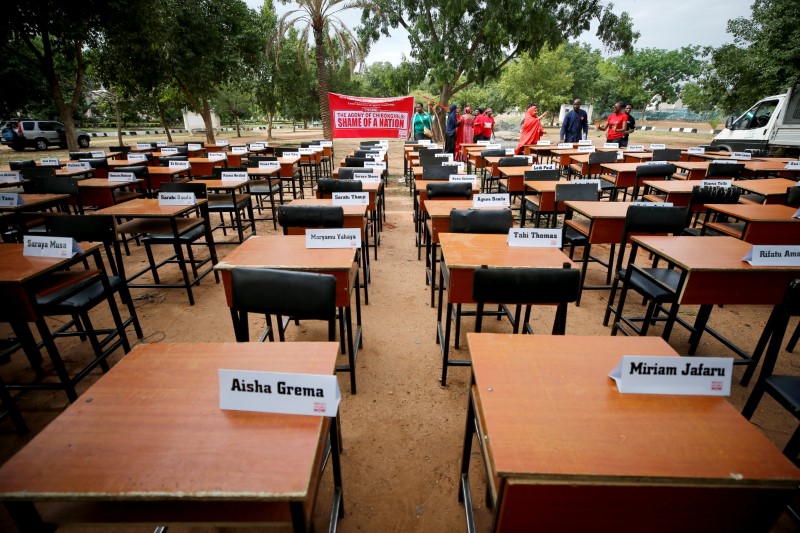 FILE PHOTO: Names of missing Chibok school girls kidnapped by Boko Haram insurgency five years ago are displayed during the 5th year anniversary of their abduction, in Abuja