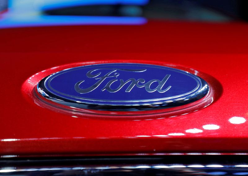 FILE PHOTO: The logo is seen on the bonnet of a new Ford Aspire car during its launch in New Delhi