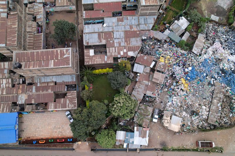 An aerial view shows a community garden, in the Dandora suburb of Nairobi