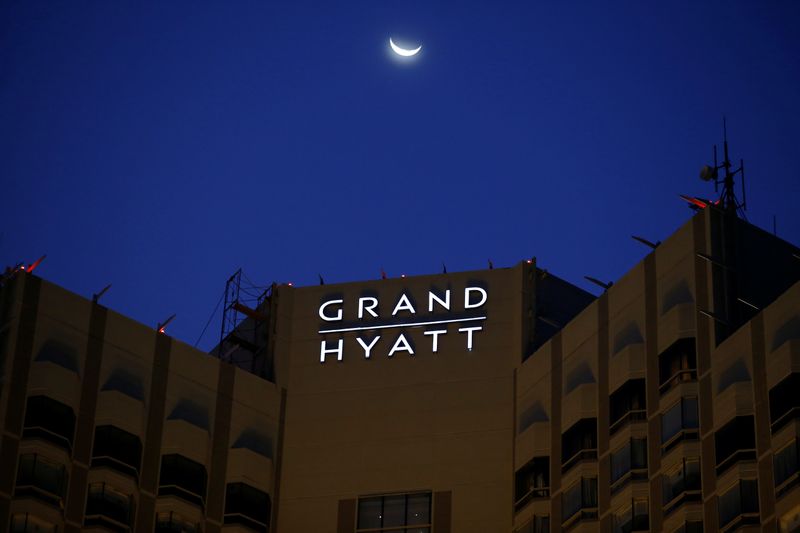 The exterior of the Grand Hyatt hotel is pictured during the dusk, following the coronavirus disease (COVID-19) outbreak, in Jakarta