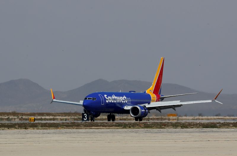 FILE PHOTO: A Southwest Airlines Boeing 737 MAX 8 aircraft lands at Victorville Airport in Victorville, California