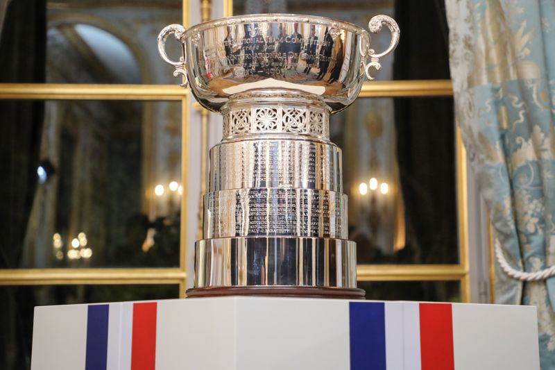 A general view of the Fed Cup's trophy displayed during a reception at the Elysee Presidential Palace in Paris