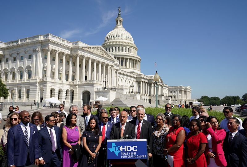 FILE PHOTO: Democratic members of the Texas House of Representatives speak at the U.S. Capitol in Washington